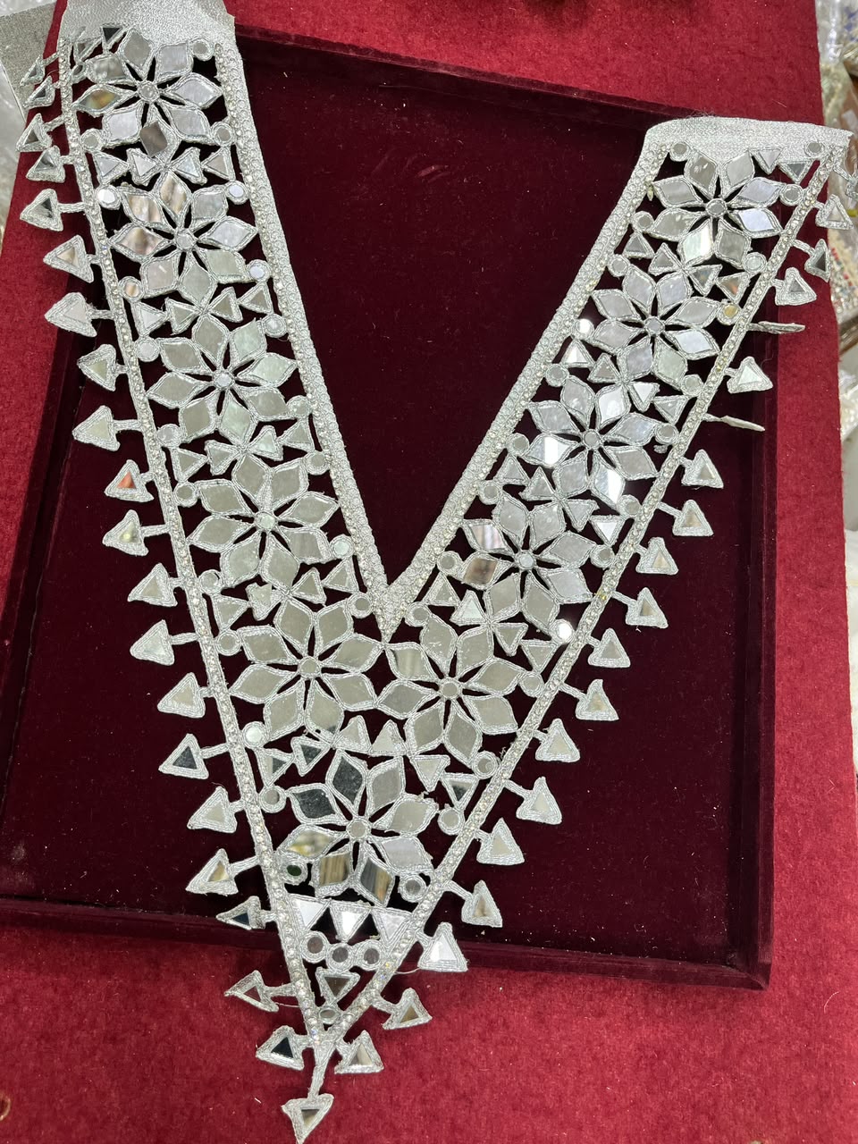 Real Mirror Work Neck Patch for Kurtis, Dresses & Blouses – Designer Handcrafted Mirror Neckline Applique | DC0987 | Silver