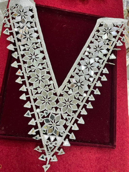 Real Mirror Work Neck Patch for Kurtis, Dresses & Blouses – Designer Handcrafted Mirror Neckline Applique | DC0987 | Silver