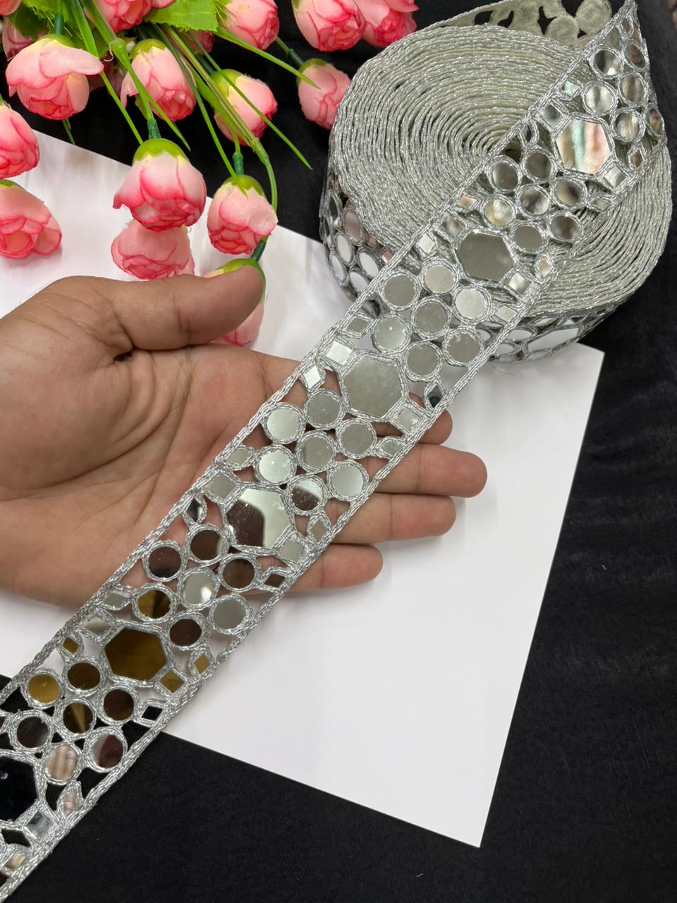 Beautiful Mirror Laces – Elegant 2 Inch Decorative Border for Sarees, Dupattas & Ethnic Wear (9 Meter) | Silver