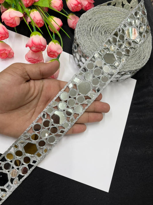 Beautiful Mirror Laces – Elegant 2 Inch Decorative Border for Sarees, Dupattas & Ethnic Wear (9 Meter) | Silver