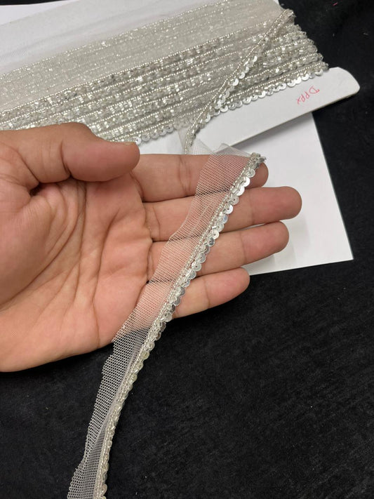 Handmade Sequins Lace Trim for Sarees, Blouses & Dresses – Narrow Handwork Embroidered Lace Border (1 cm) | Silver
