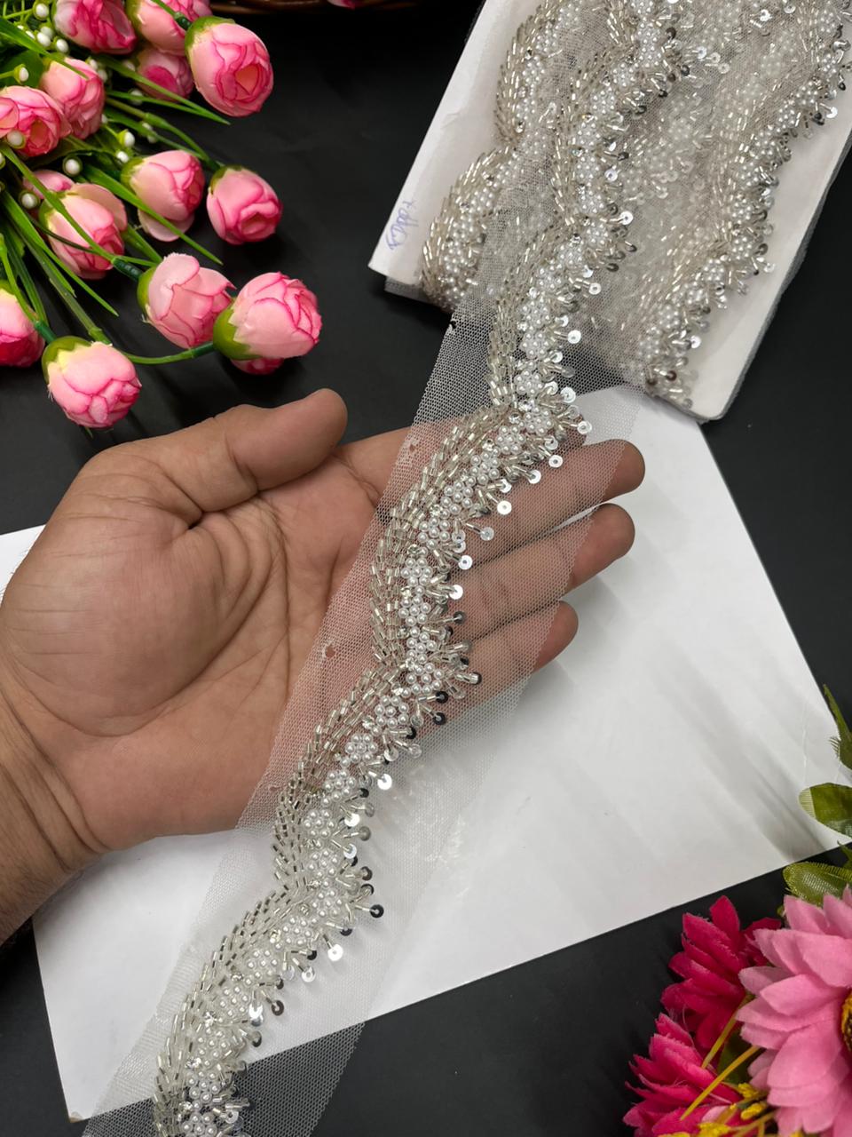 Scallops Bead & Pipe Work Handcrafted Lace – Designer Handmade Border for Sarees, Lehengas & Dupattas (9 Meter, 1 Inch Width) | Silver