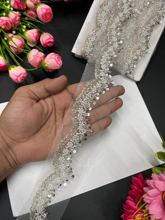 Scallops Bead & Pipe Work Handcrafted Lace – Designer Handmade Border for Sarees, Lehengas & Dupattas (9 Meter, 1 Inch Width) | Silver