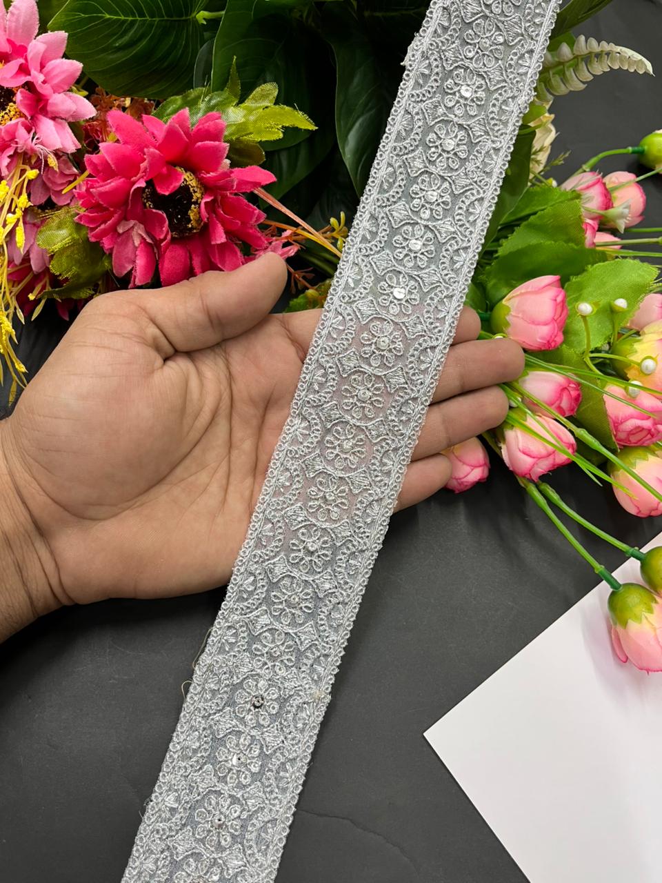 Gold Embroidered Zari Lace Trims – Premium 2 Inch Designer Border for Sarees, Dupattas, Lehengas & Festive Wear (9 Meter) | Silver