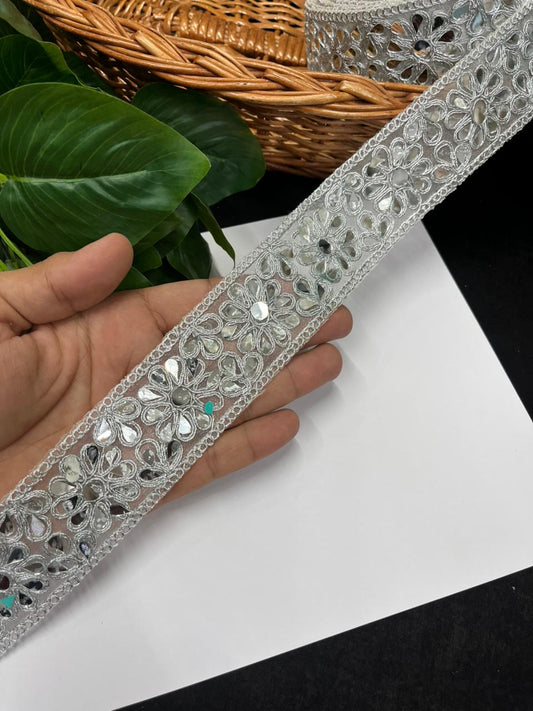 Luxurious Real Mirror Work Laces – Premium Designer Mirror Lace | Silver