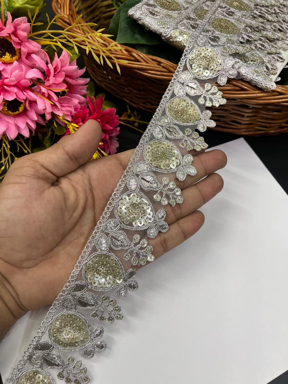 Sequins Embroidered Zari Lace Border – Heavy Gold Designer Lace for Sarees, Lehengas, Dupattas & Couture Wear (9 Meter, 2.5 Inch Width) | Silver