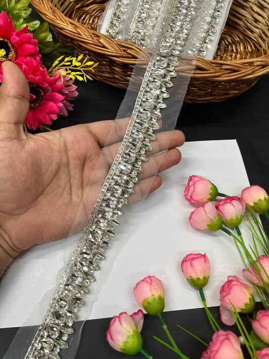 Beautiful Handmade Crystal Heavy Lace Border – Premium Designer Trim for Sarees, Lehengas & Ethnic Outfits (9 Meter, 1.5 Inch Width) | Silver