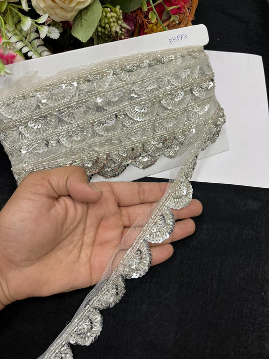 Luxurious Scalloped Beaded Handcrafted Lace – Premium Handmade Designer Lace | Silver