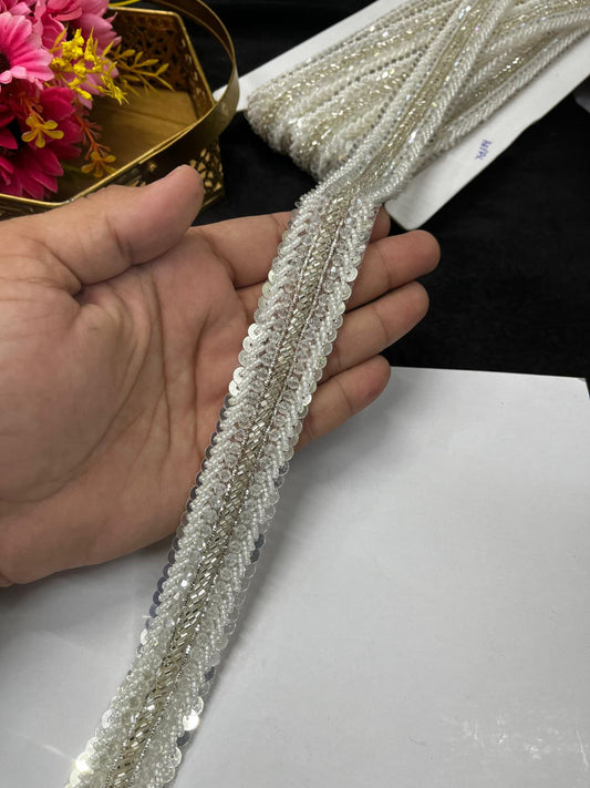 Handmade Beaded Lace Trims – Elegant Designer Borders for Sarees, Lehengas & Dupattas (9 Meter, 1.5 Inch Width) | Silver