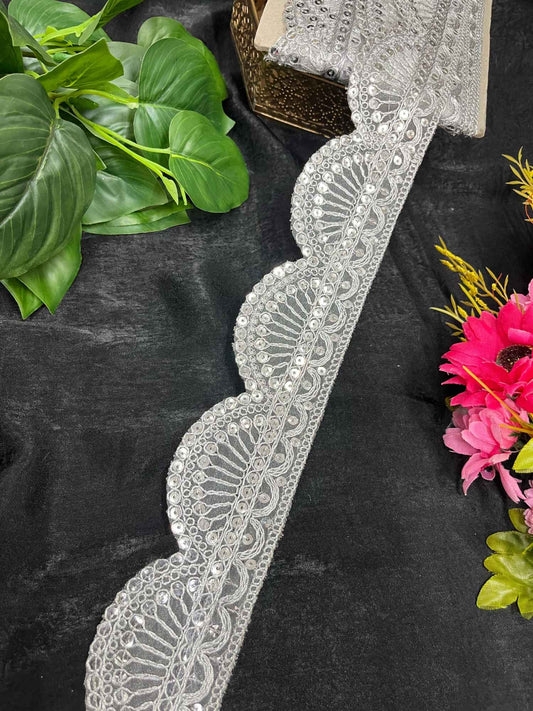 Elegance Gold Sequin Scallop Lace – 9 Meters, 2-Inch Embroidered Border for Sarees, Lehengas & Dupattas | Silver