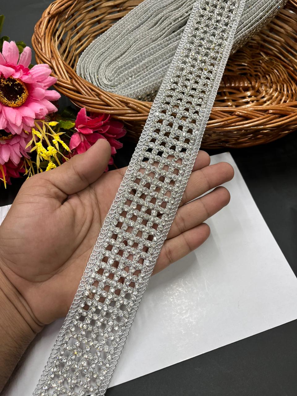 Diamond Cutwork Laces – Premium Gold Embroidery Borders for Sarees, Lehengas & Dupattas (9 Meter, 2 Inch Width) | Silver