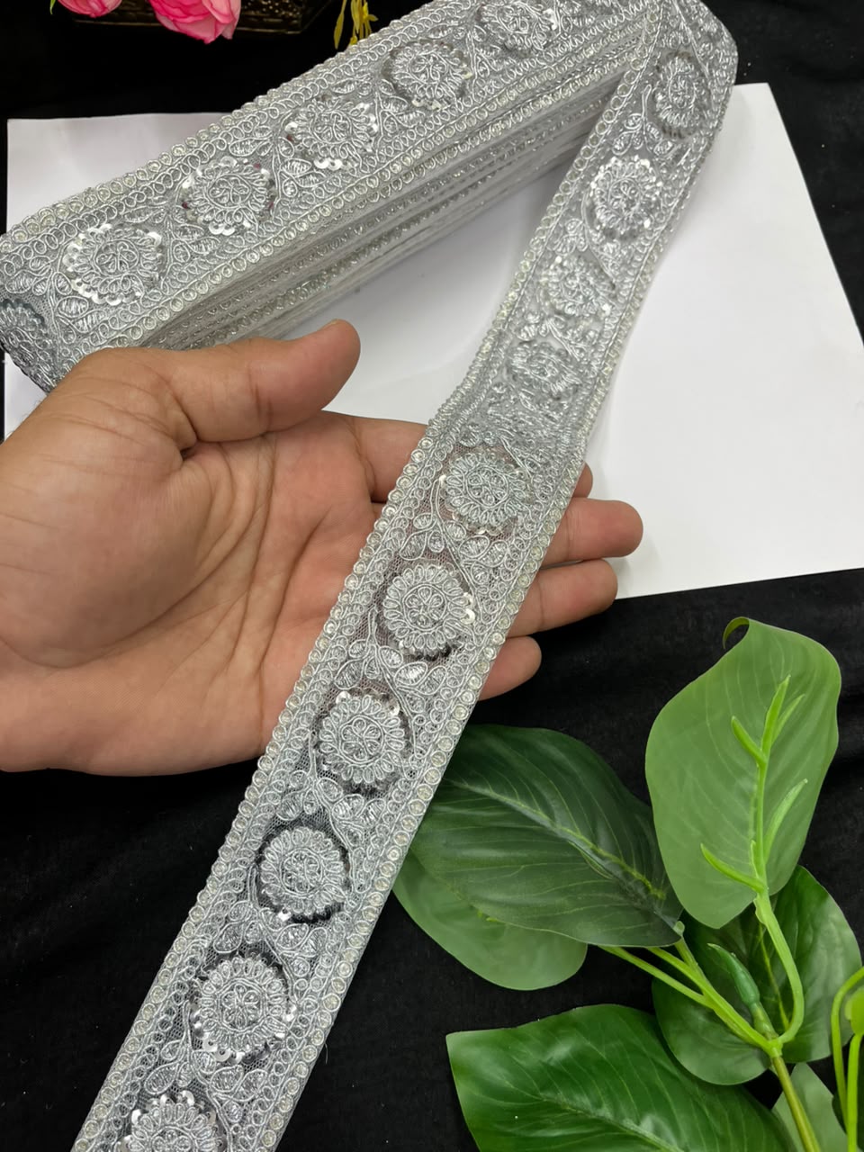 Golden Zari Embroidered Lace on Net Fabric for Sarees, Lehengas & Dupattas – Designer Embroidered Lace Border (1.5 Inch) | Silver