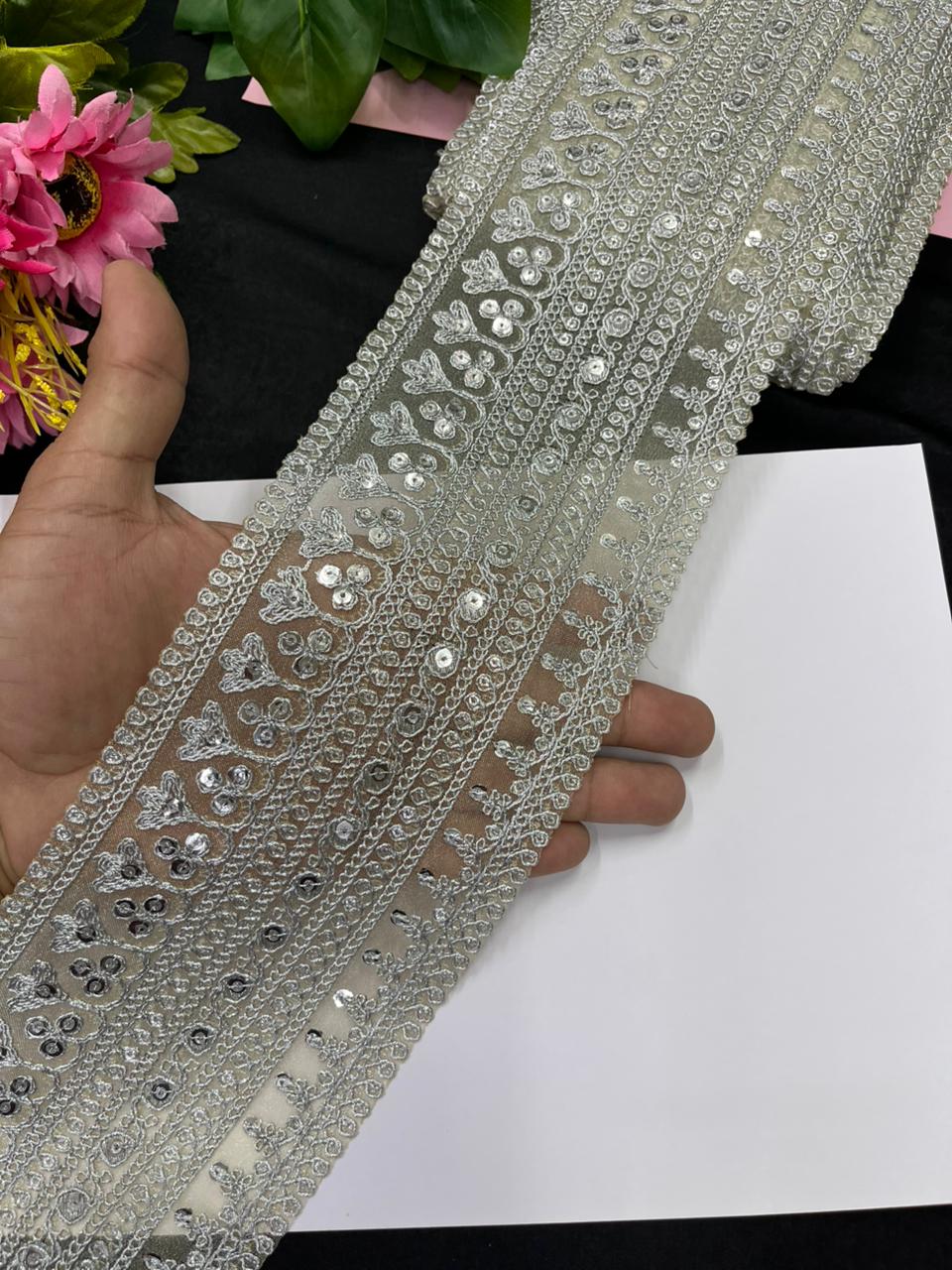Designer Style Gold Embroidered Sequins Zari Lace – Premium Bridal Gold Embroidered Lace | Silver