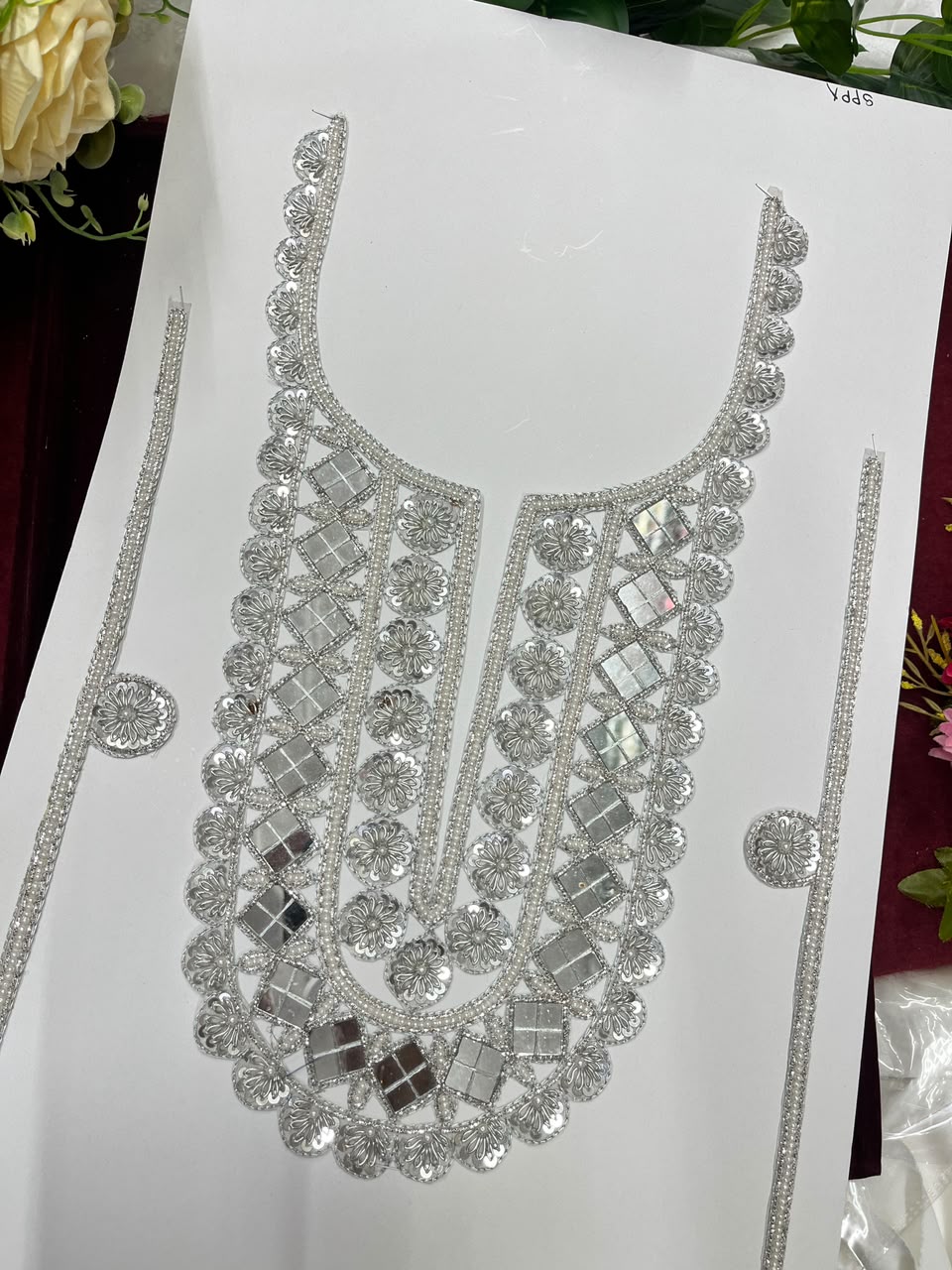 Handmade Mirror Work Neck Patch for Kurtis, Dresses & Blouses – Designer Handcrafted Mirror Neckline Applique | DC1005 | Silver