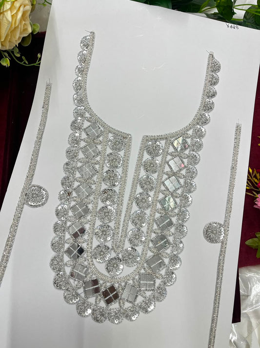 Handmade Mirror Work Neck Patch for Kurtis, Dresses & Blouses – Designer Handcrafted Mirror Neckline Applique | DC1005 | Silver