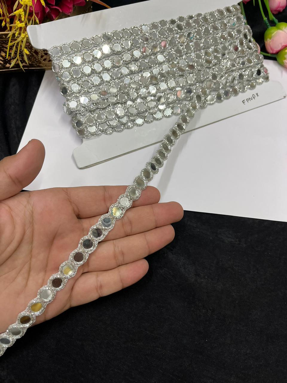 Handmade Real Mirror Work Lace Border for Sarees, Blouses & Dresses – Designer Mirror Lace Trim (Half Inch) | Silver