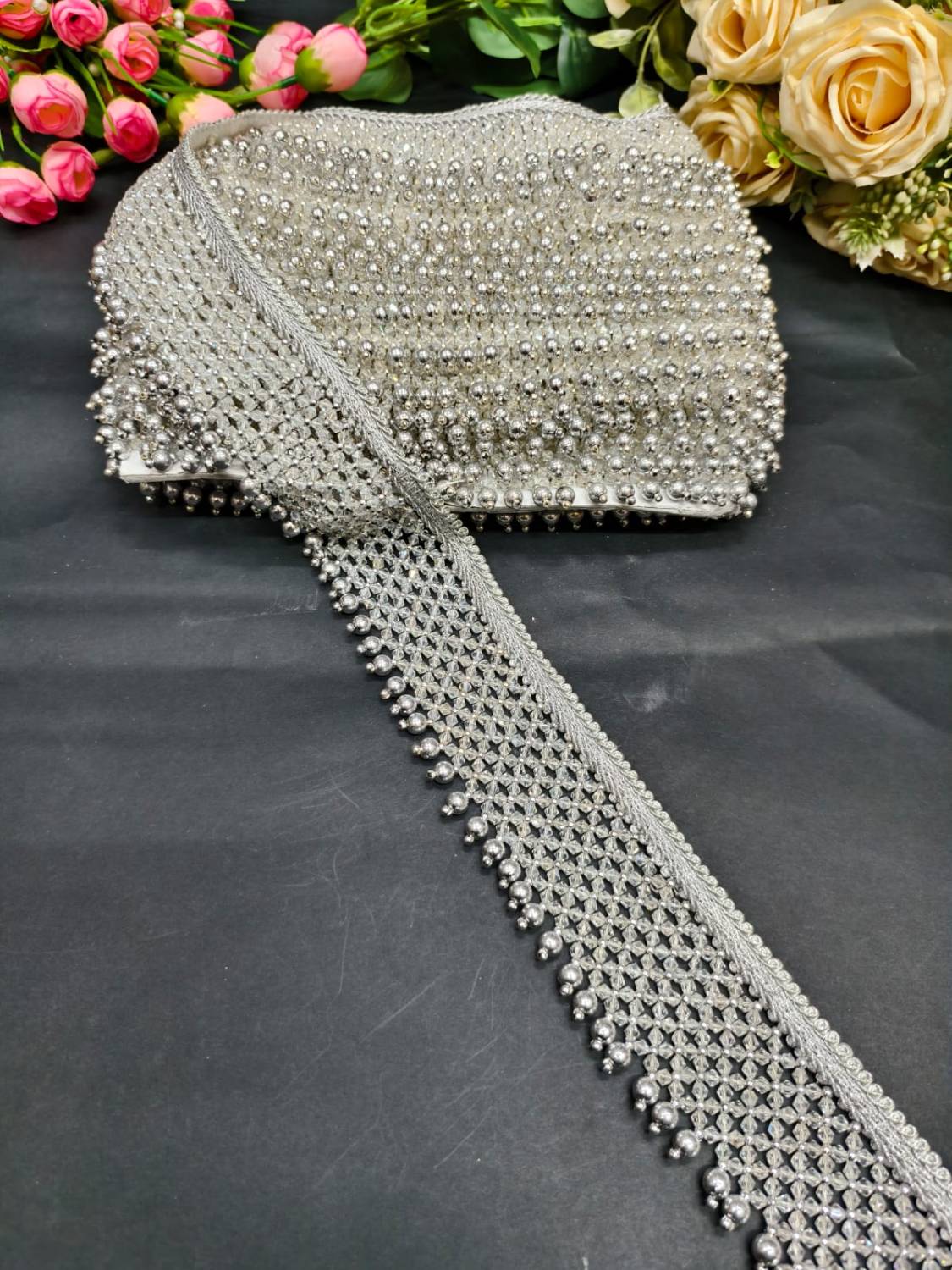 Heavy Crystal Stone Saree Lace Border Trim – Fancy Designer Lace for Sarees, Dupattas & Ethnic Dresses (9 Meter) | Silver