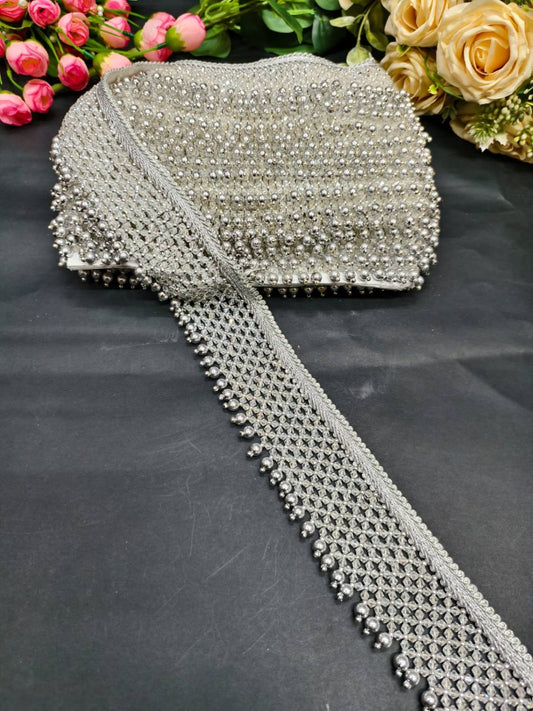 Heavy Crystal Stone Saree Lace Border Trim – Fancy Designer Lace for Sarees, Dupattas & Ethnic Dresses (9 Meter) | Silver