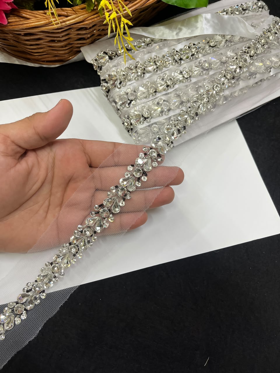 Designer Handmade Crystal Lace for Sarees, Lehengas & Dupattas – Premium Decorative Crystal Lace Border (1 Inch) | DC1012 | Silver