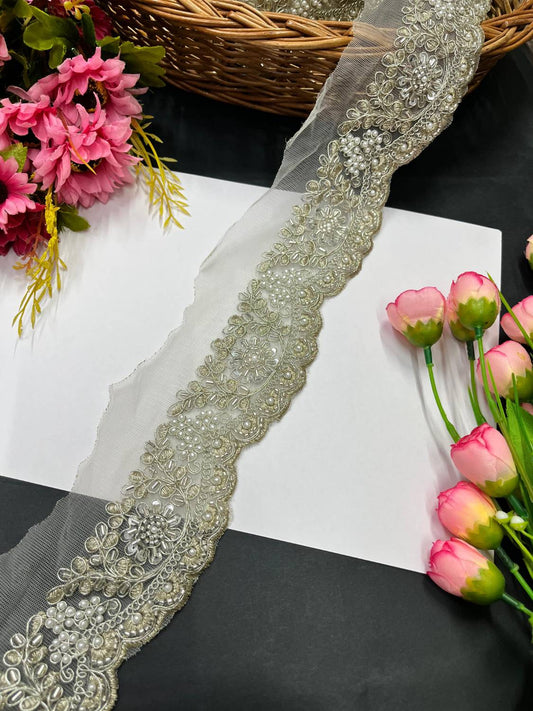 Beaded & Pipe Work Designer Lace Border – Intricate Detailing for Ethnic Wear (9 Meter) | Silver