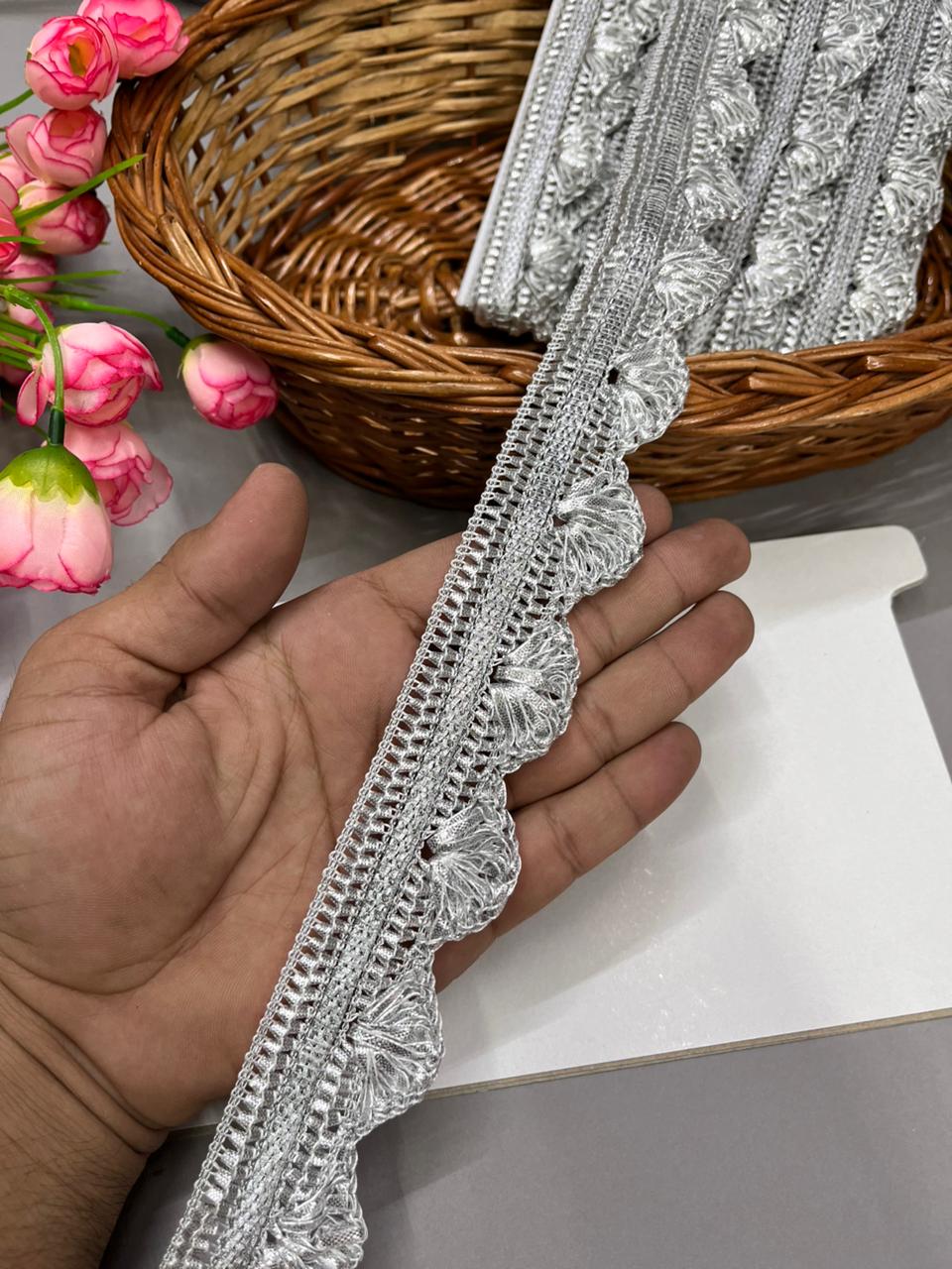 Gota Pankha Lace – Premium Gold Embroidered Border for Sarees, Lehengas & Dupattas (9 Meter, 1.5 Inch Width) | Silver