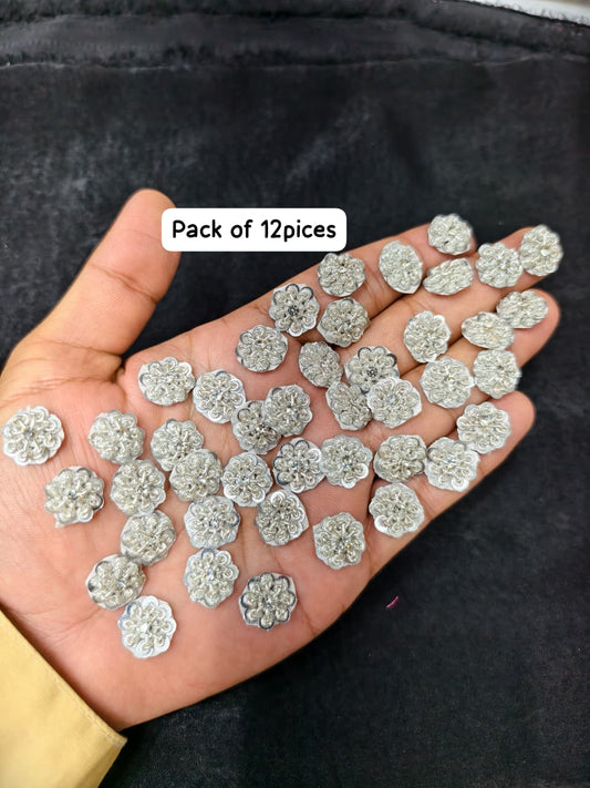 Beautiful Handmade Zardozi Work Buttis Decorative Crafting Patches for Saree, Lehenga & Blouse – Sew On Applique Badge Set (12 Pieces) | Silver