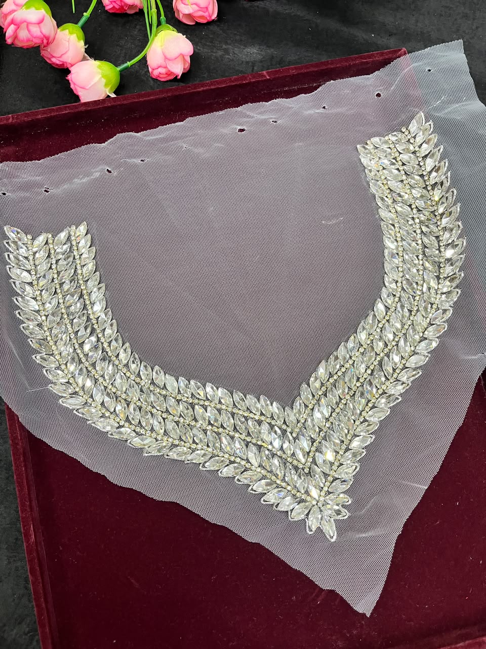 Handmade Crystal Neck Patch for Kurtis, Dresses & Blouses – Designer Handcrafted Crystal Embellished Neckline Applique | DC1041 | Silver