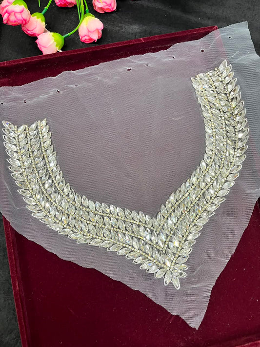 Handmade Crystal Neck Patch for Kurtis, Dresses & Blouses – Designer Handcrafted Crystal Embellished Neckline Applique | DC1041 | Silver