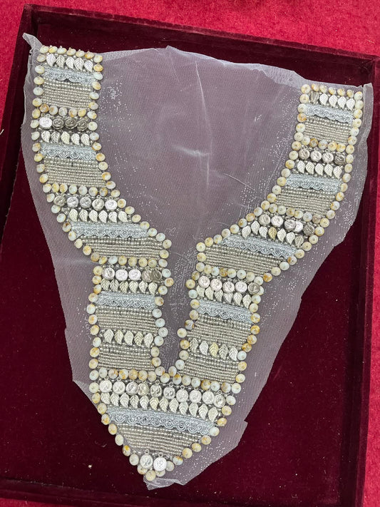 Designer Handcrafted Boho Style Neck Yoke Patch for Kurtis, Dresses & Blouses – Premium Embroidered Neckline Applique | DC0991 | Silver