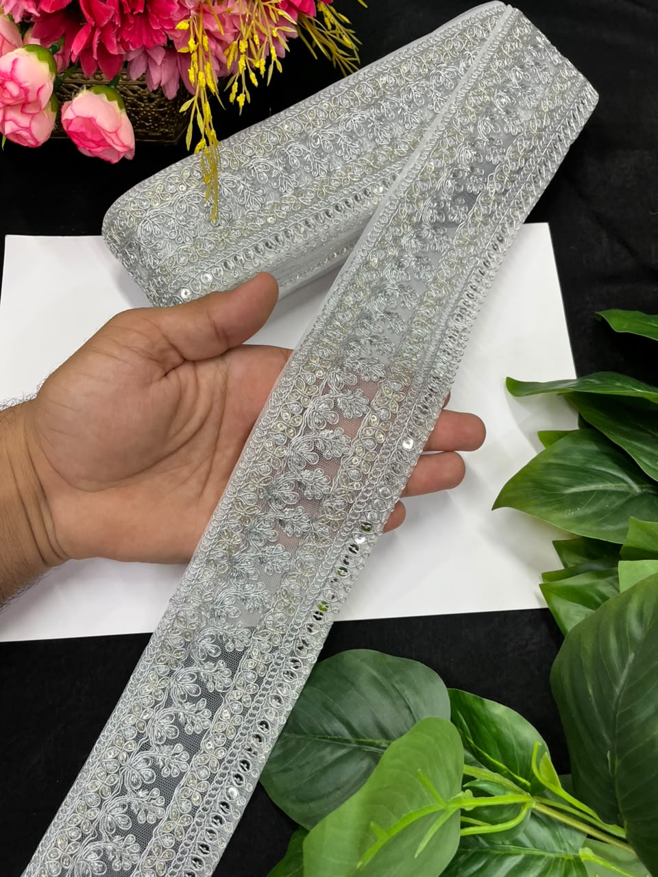 Golden Zari Embroidered Lace for Sarees, Lehengas & Dupattas – Premium Designer Embroidered Lace Border for Boutique Owners & Fashion Designers (3 Inch) | Silver