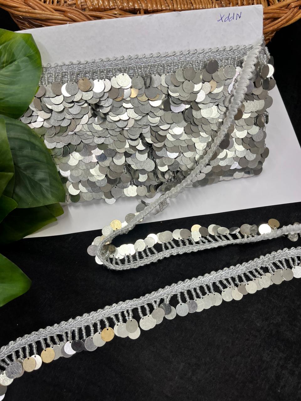 Metal Coin Hanging Lace for Bridal Dupattas – Premium 1 Inch Latkan Style Decorative Border for Wedding & Festive Wear (9 Meter) | Silver