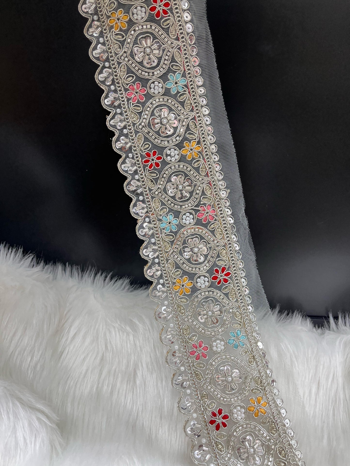 Vibrant Cutdana Beaded Embroidered Lace Border for Sarees and Lehengas – 9 Meters, 3-Inch Width | Silver