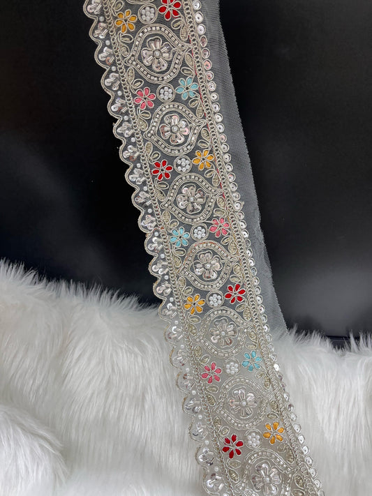 Vibrant Cutdana Beaded Embroidered Lace Border for Sarees and Lehengas – 9 Meters, 3-Inch Width | Silver
