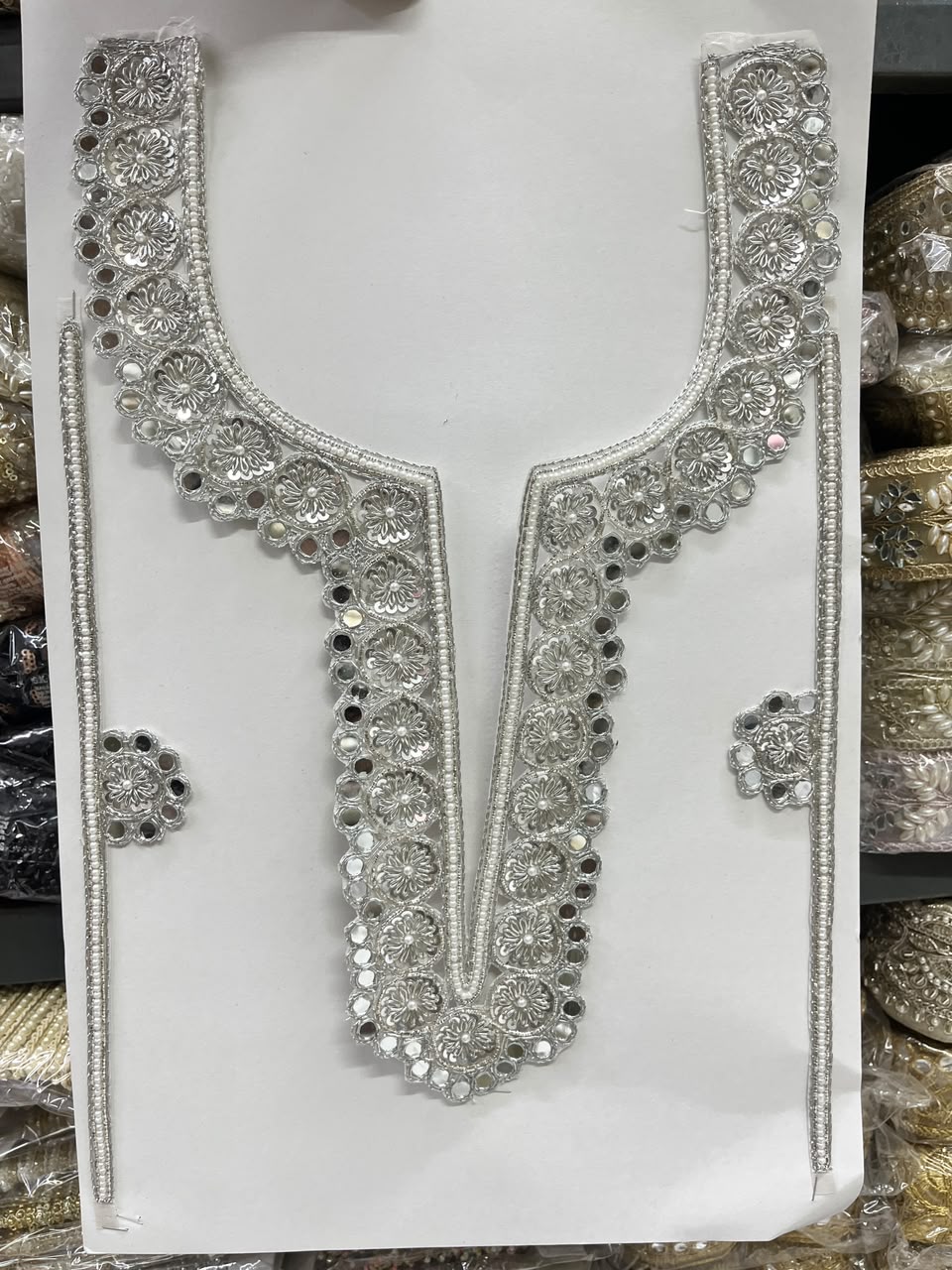 Designer Zardozi Mirror Work Neck Patch for Kurtis, Dresses & Blouses – Premium Handcrafted Embroidered Neckline Applique | DC1006 | Silver