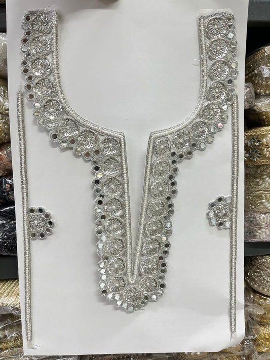 Designer Zardozi Mirror Work Neck Patch for Kurtis, Dresses & Blouses – Premium Handcrafted Embroidered Neckline Applique | DC1006 | Silver