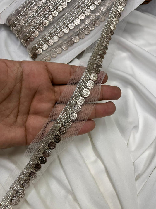 Handmade Coin Lace with Cutdana for Sarees, Kurtis & Dresses – Decorative Ethnic Handcrafted Lace Border | Silver
