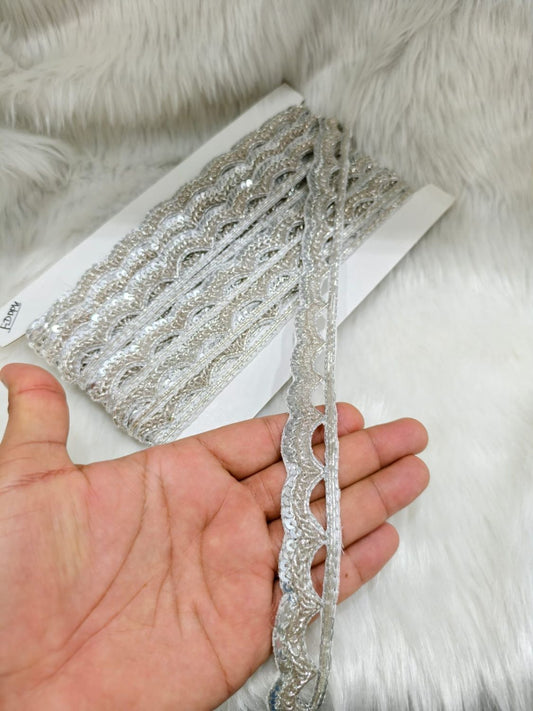 Jardoshi Handwork Saree Laces with Cutwork Scallop Design – Embroidered Lace Border Trim (9 Meter Roll) | Silver