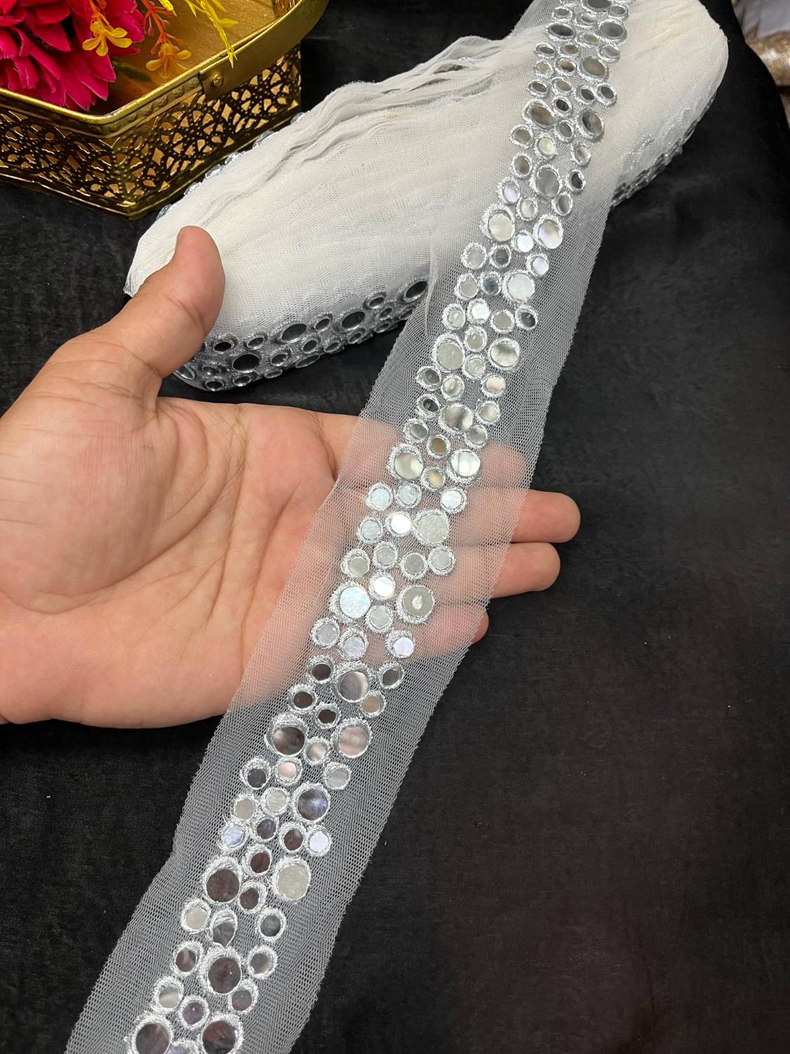 Gorgeous Real Mirror Designer Laces & Borders for Sarees, Dupattas & Craft Projects (9 Meter, 1.5 Inch Width) | Silver