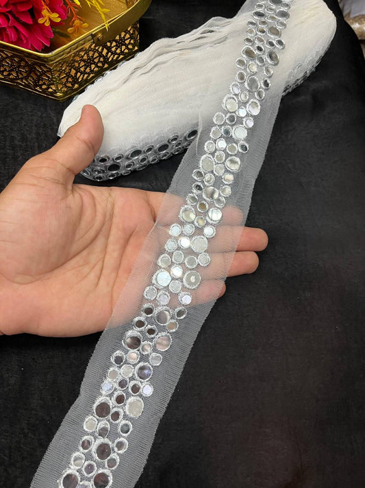 Gorgeous Real Mirror Designer Laces & Borders for Sarees, Dupattas & Craft Projects (9 Meter, 1.5 Inch Width) | Silver
