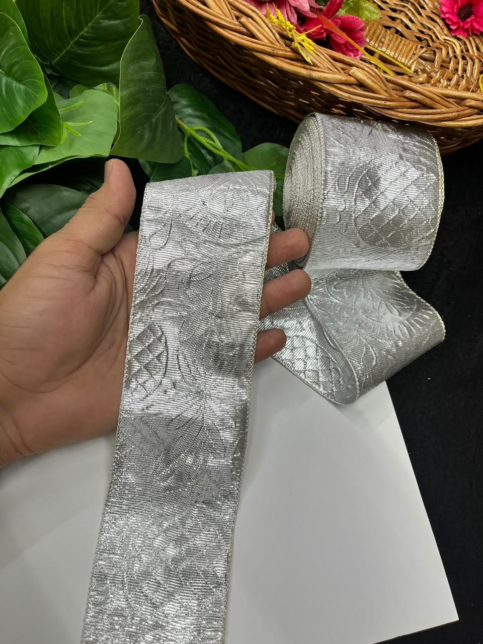 Artificial Plain Gota Lace for Skirts, Lehengas, Sarees & Dupattas – Decorative Gota Patti Lace Border (3 Inch) | DC1026 | Silver
