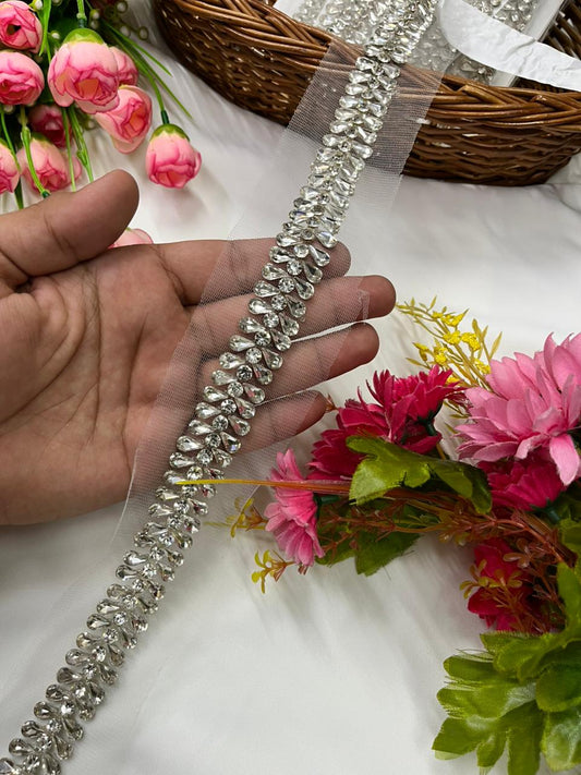 Handcrafted Rhinestone Trim for Sarees, Lehengas & Dresses – Designer Handmade Stone Lace Border (1 Inch) Silver