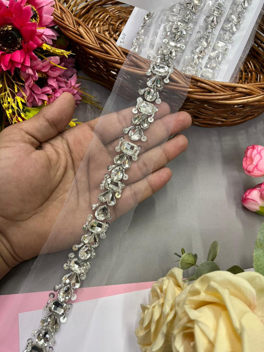 Handmade Crystal Lace – Premium 1 Inch Handcrafted Decorative Border for Sarees, Dresses & Ethnic Wear (9 Meter) | Silver