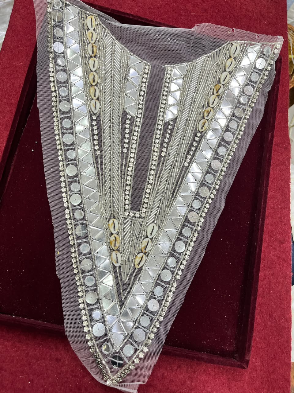Designer Handcrafted Neck Patch for Dresses, Kurtis & Blouses – Premium Embroidered Neckline Applique | DC0982 | Silver