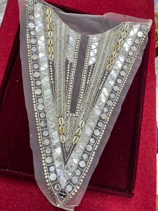 Designer Handcrafted Neck Patch for Dresses, Kurtis & Blouses – Premium Embroidered Neckline Applique | DC0982 | Silver