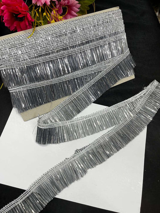 Rajasthani Kiran Lace | Fringe Gota Lace | Dupatta Kiran Lace – Traditional Latkan Border for Sarees & Ethnic Wear (9 Meter, 2 Inch Width) | Silver