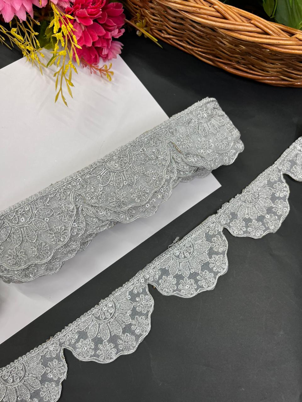 Scalloped Embroidered Zari Lace Border for Sarees – Premium Gold Designer Lace for Dupattas, Lehengas & Bridal Wear (9 Meter, 2 Inch Width) | Silver