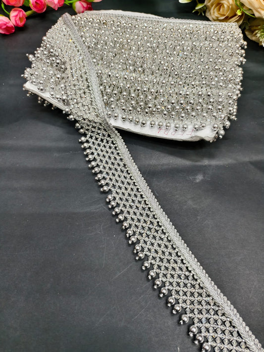 New Crystal Stone Saree Lace Border Trim – Fancy Embellished Lace for Sarees, Dupattas & Ethnic Dresses (9 Meter) | Silver