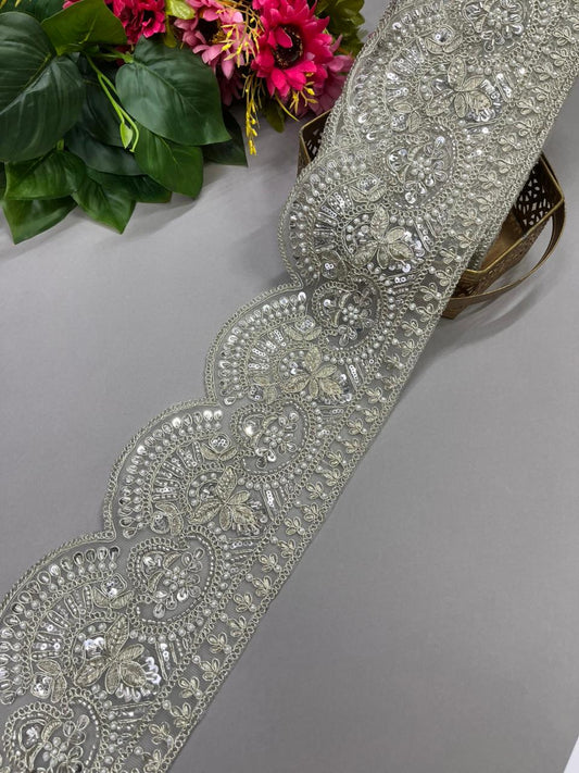 Embroidered Cutdana Work Laces for Lehengas – Premium 4.5 Inch Heavy Decorative Border for Bridal & Festive Wear (9 Meter) | Silver