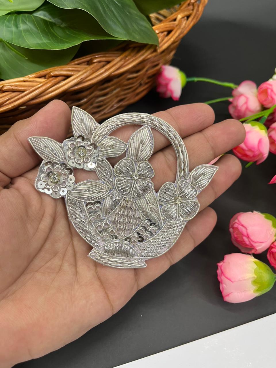 Handmade Zardosi Cutwork Patch | Zardosi Applique for Sarees, Lehengas & Designer Outfits | Silver