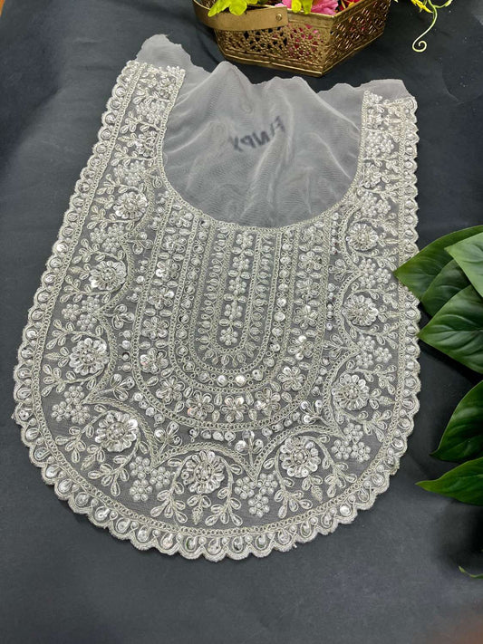 Katdana Embroidered Neck Patch for Kurtis, Dresses & Suits – Designer Handcrafted Neckline | Silver